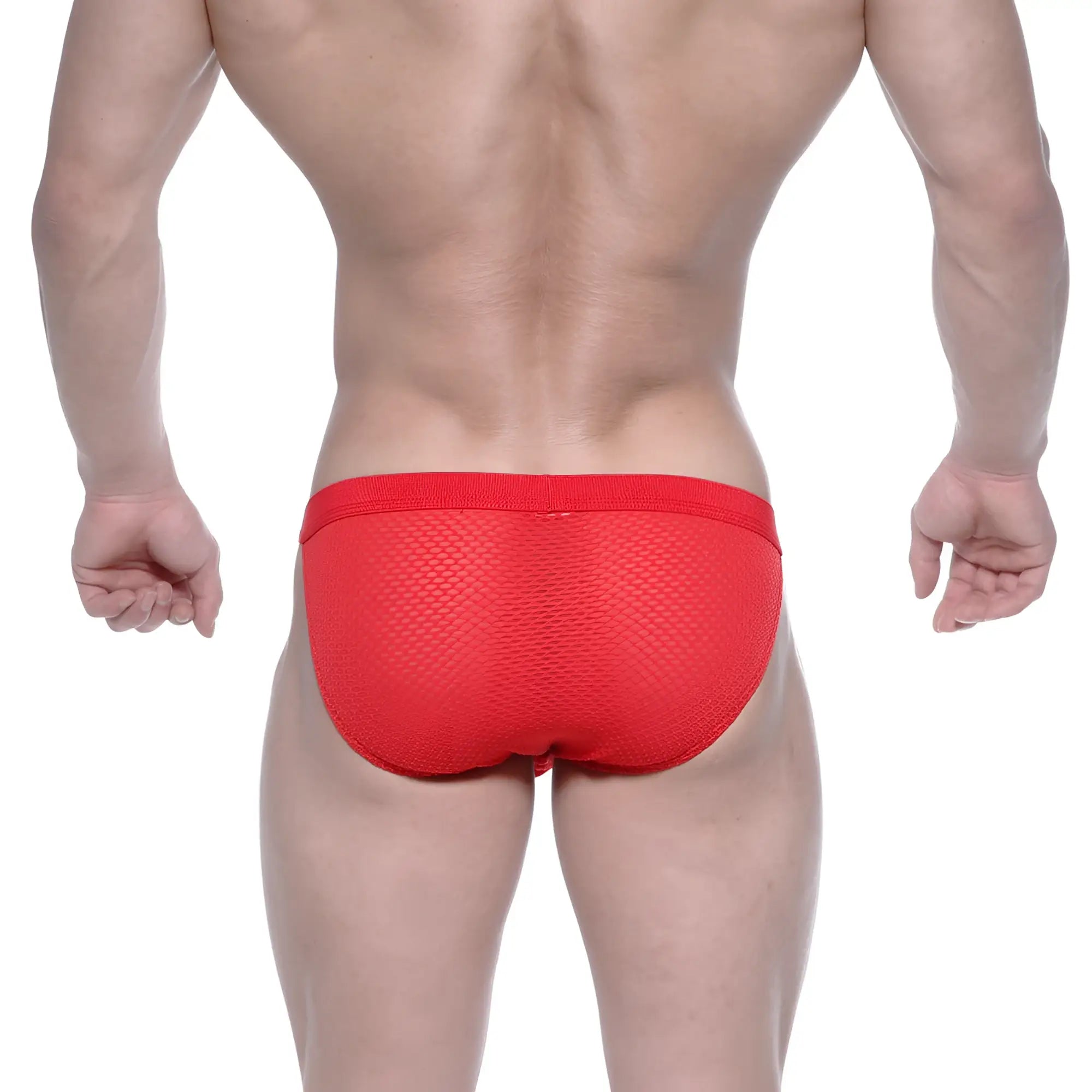 Metromalewear grabit bikini red mesh briefs with solid red waistband made of breathable mesh fabric