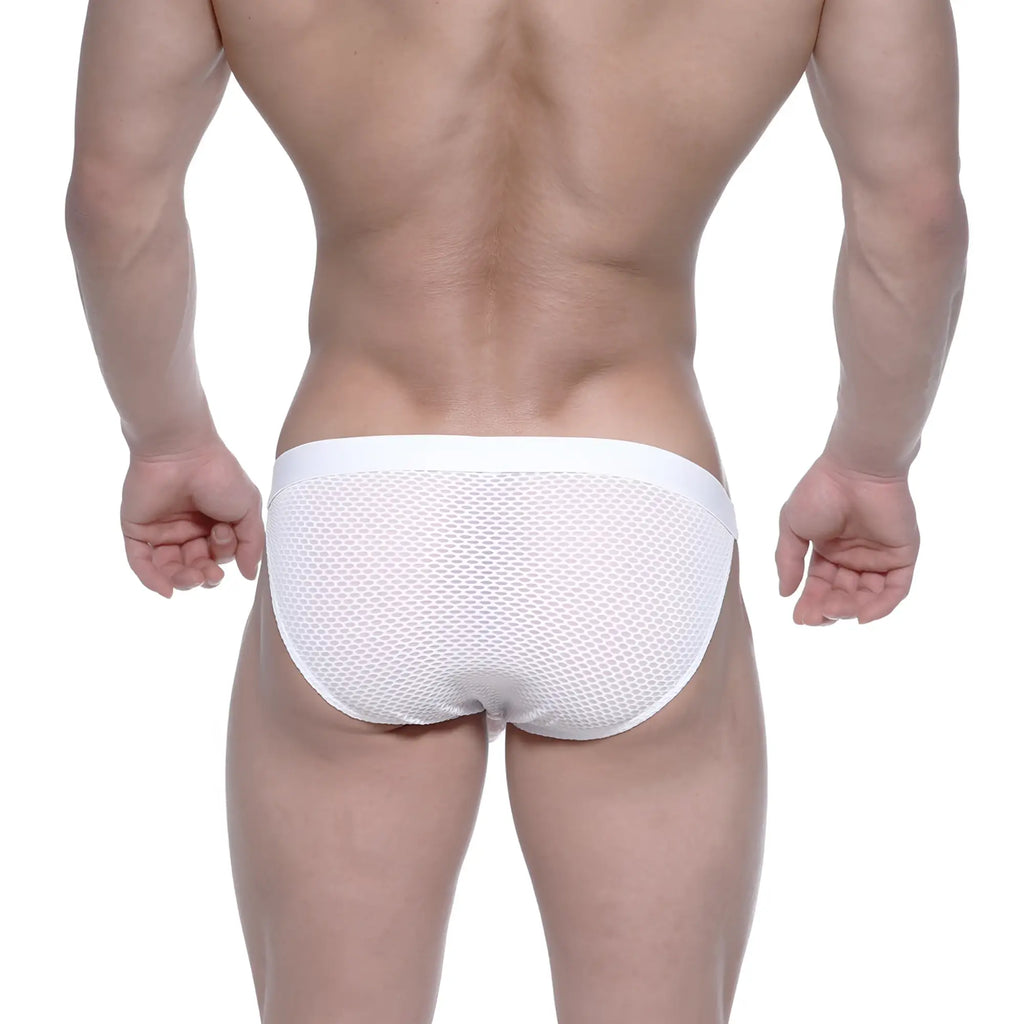 MetroMaleWear Grabit bikini white mesh briefs with solid white waistband showing front side of the product