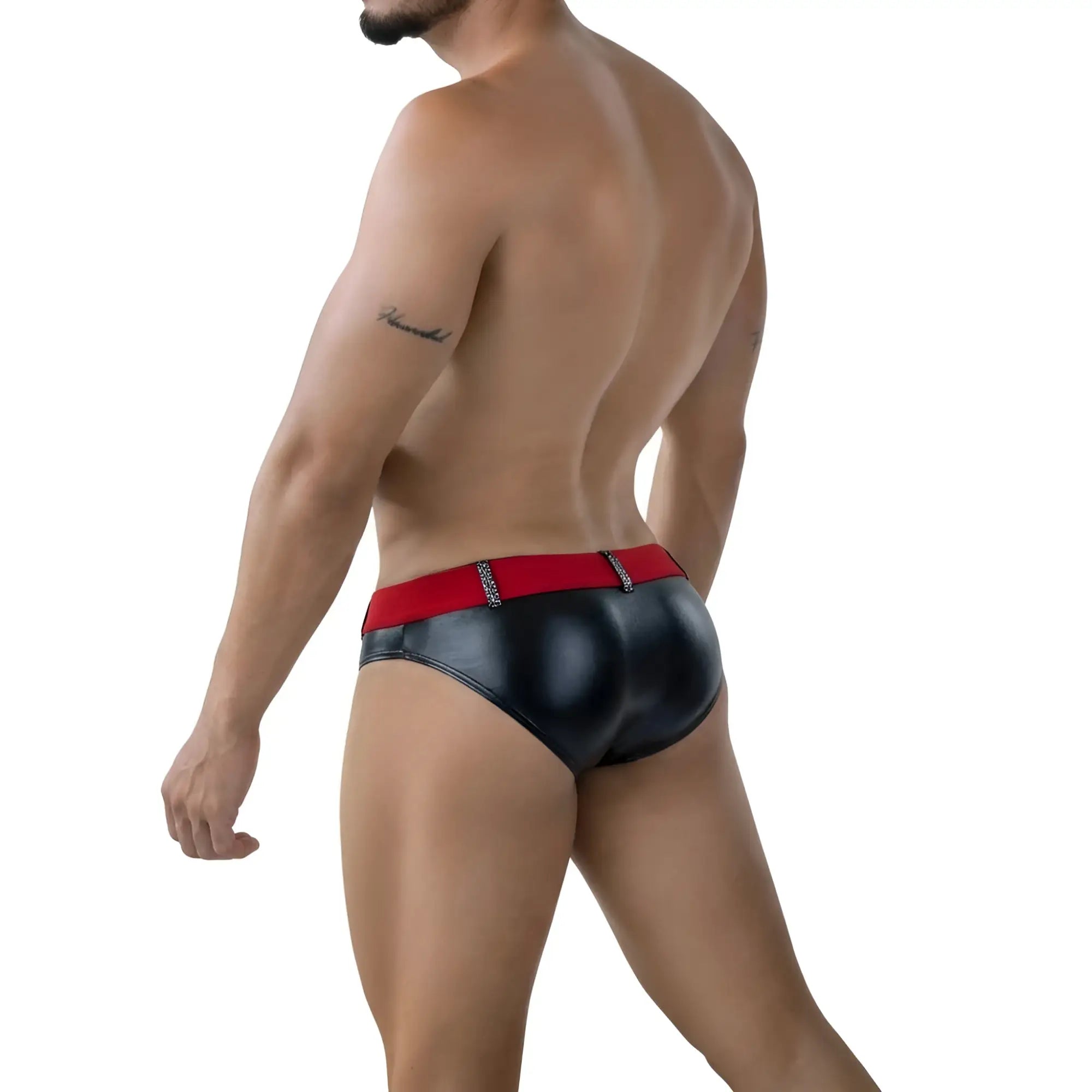 Black patent leather briefs with red waistband and silver rhinestones by MetroMaleWear gravity swim brief metal navy