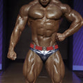 Shiny silver metallic MetroMaleWear Gravity swim briefs with red belt and decorative buckle in metal navy color