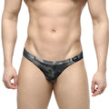 Metro malewear gray camo hip brief 5103-93 men’s black and gray camouflage thong with mesh fabric design front view