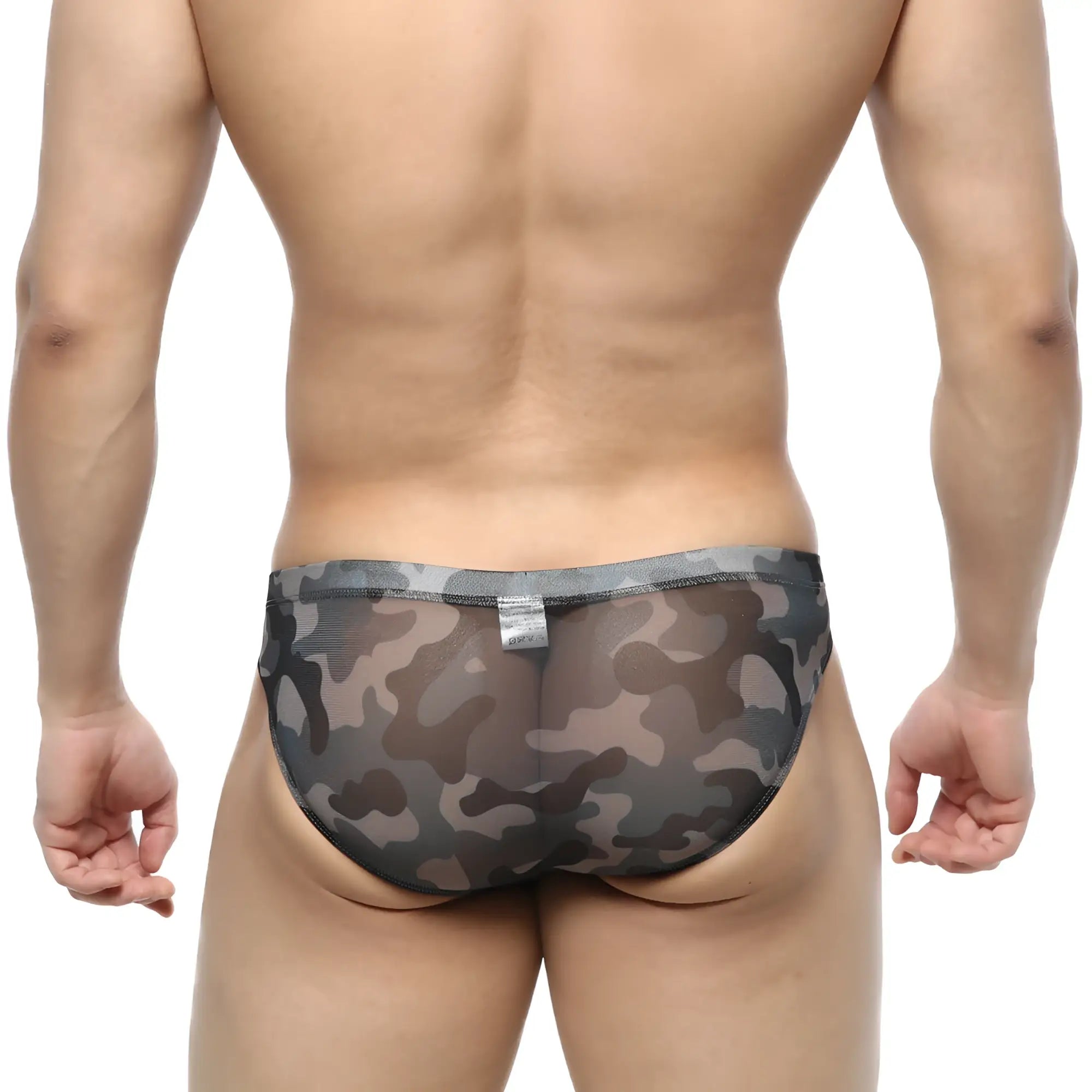 Metro male wear gray camo hip brief 5103-93 featuring black and gray camouflage sheer mesh fabric