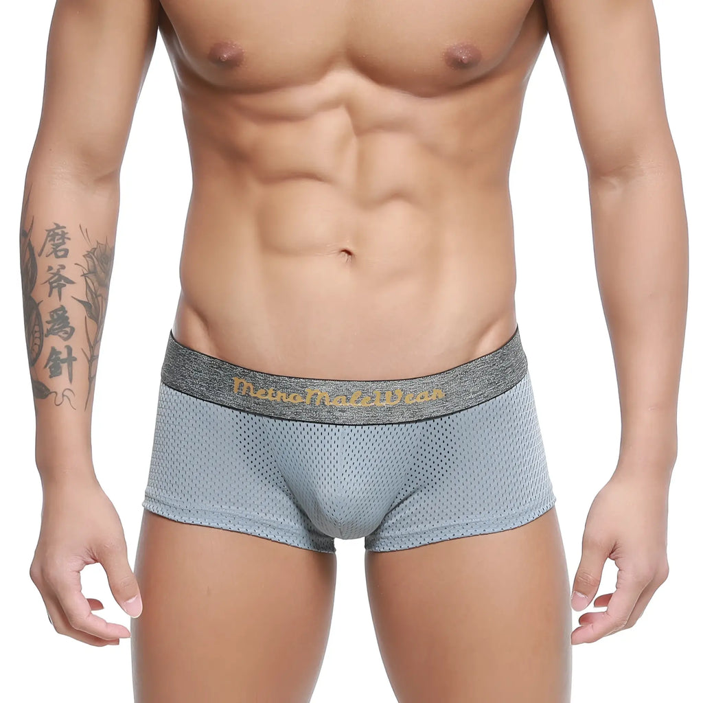 Metro malewear gray mesh trunk 2026-35 with textured waistband and gold lettering for breathable comfort