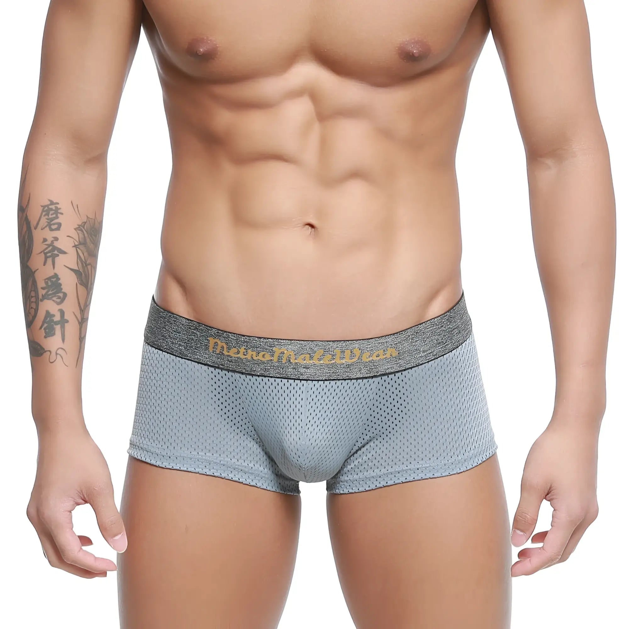 Metro malewear gray mesh trunk 2026-35 with textured waistband and gold lettering for breathable comfort