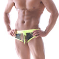 Metro malewear green camo split swim brief 4923-82 neon green and camouflage pattern with matching drawstring waistband