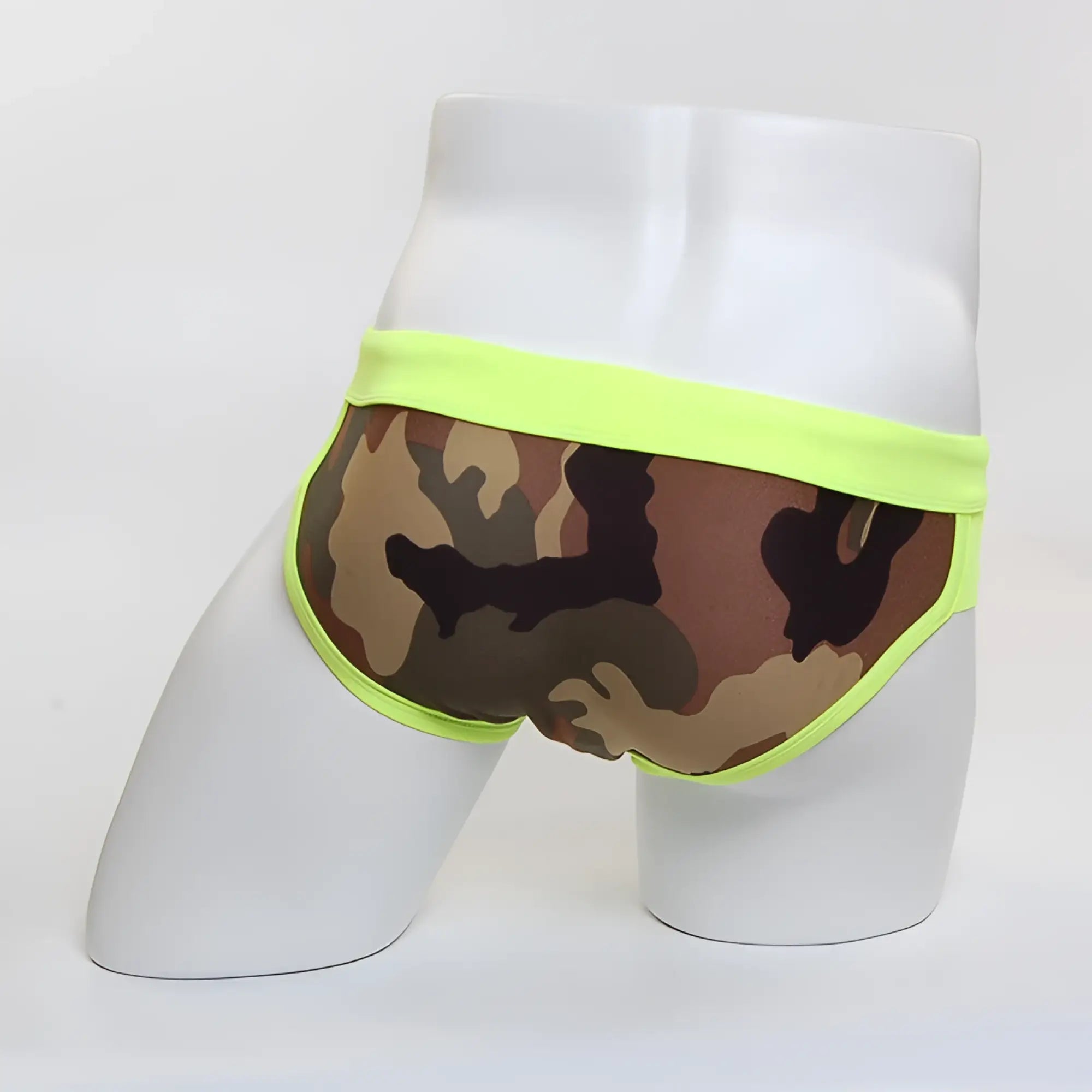 Men’s metro male wear green camo split swim briefs with neon green trim designed for swimming and beachwear
