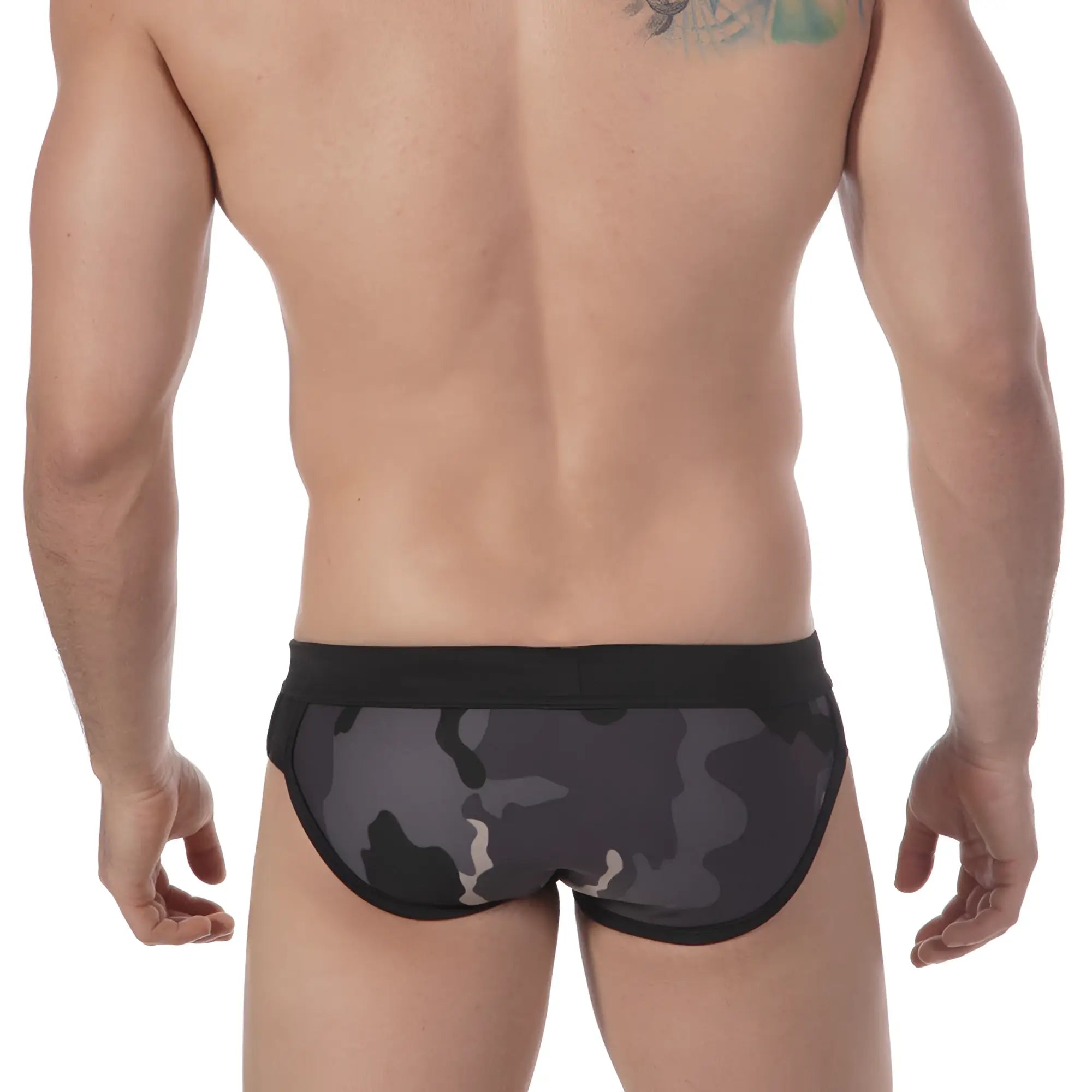 MetroMaleWear grey camo split swim brief 4923-81 with black waistband featuring black and gray camouflage pattern