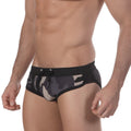 MetroMaleWear grey camo split swim brief 4923-81 with black and gray camouflage print and drawstring waistband