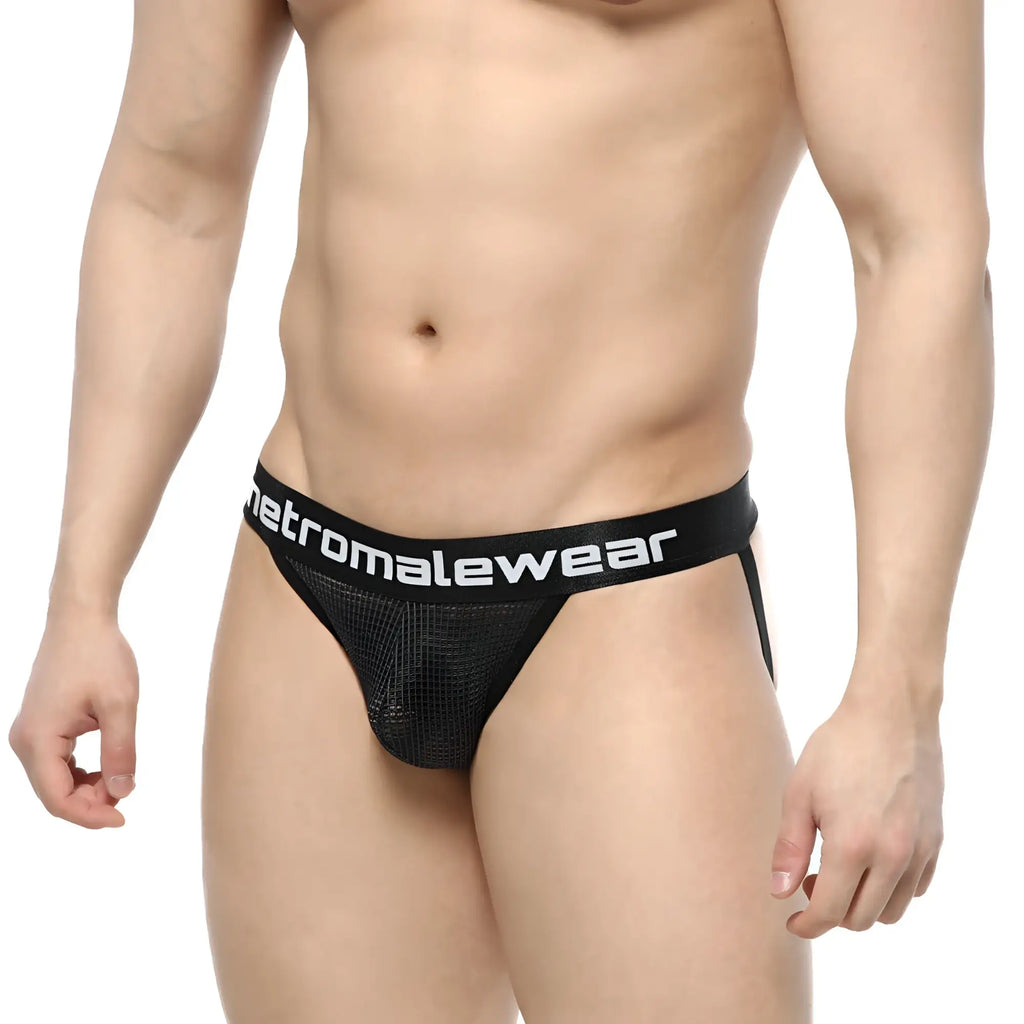 Black mesh briefs with a white metromalewear logo band from metroMalewear grid mesh jockstraps black 2901-35