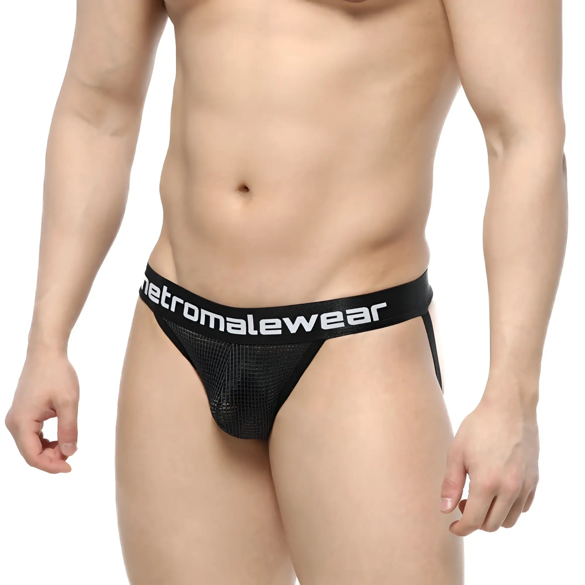 Black mesh briefs with a white metromalewear logo band from metroMalewear grid mesh jockstraps black 2901-35
