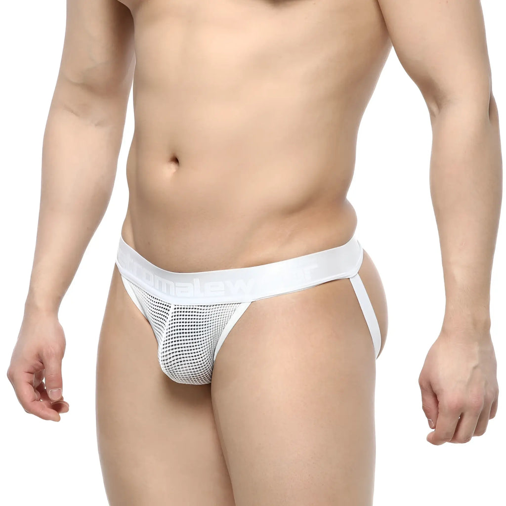 White mesh briefs with a smooth elastic waistband from metromalewear grid mesh jockstraps white 2901-34