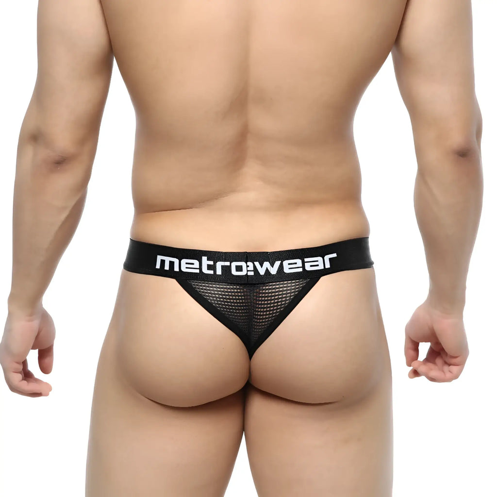 Black mesh thong with metro wear branded waistband showing the back side in metro male wear grid mesh thong black 2912-35