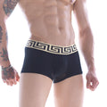 Black mens boxer briefs metro malewear grid short with cream greek key waistband and black mesh side detailing
