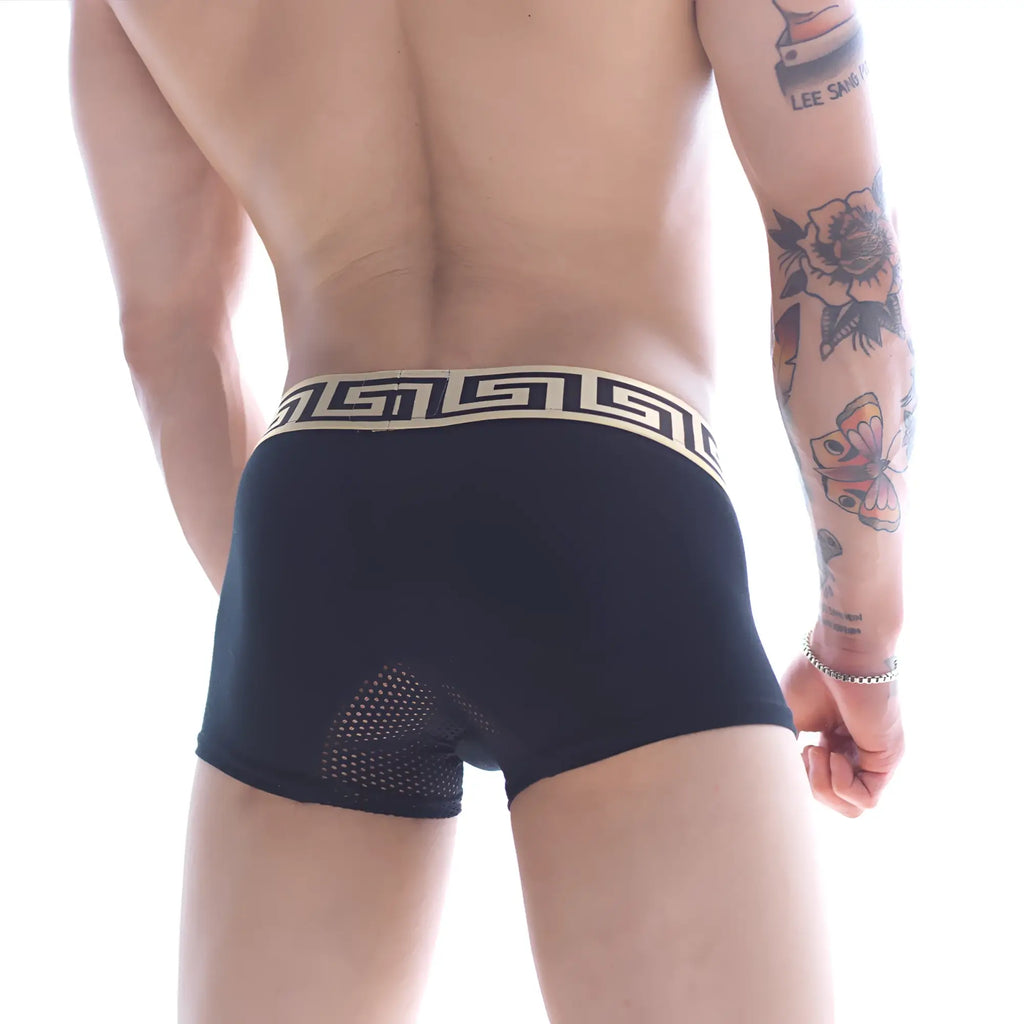 Black mens boxer briefs with cream greek key waistband and mesh back paneling metro malewear grid short boxer black