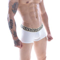 White boxer briefs metroMalewear grid short with 7 inch inseam and black gold greek key waistband