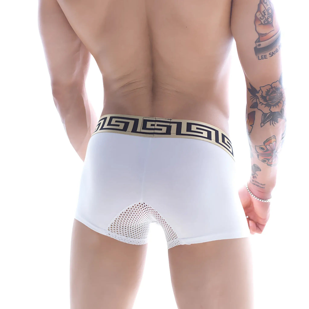 White men’s boxer briefs metro male wear grid short 7 inch with beige and black greek key waistband and mesh back view