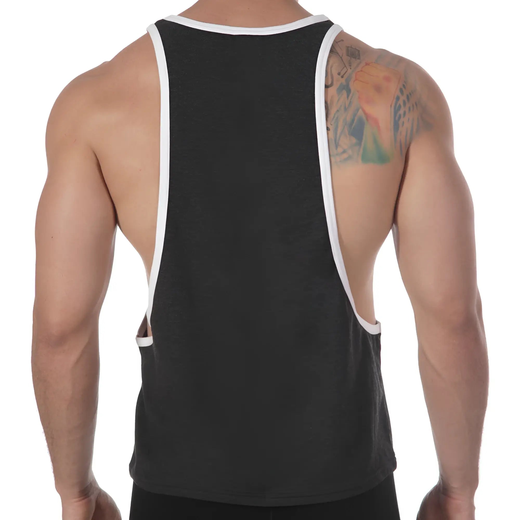 MetroMaleWear gym tank top charcoal 3128-11 black muscle tank top with white trim and cutout sides for workouts