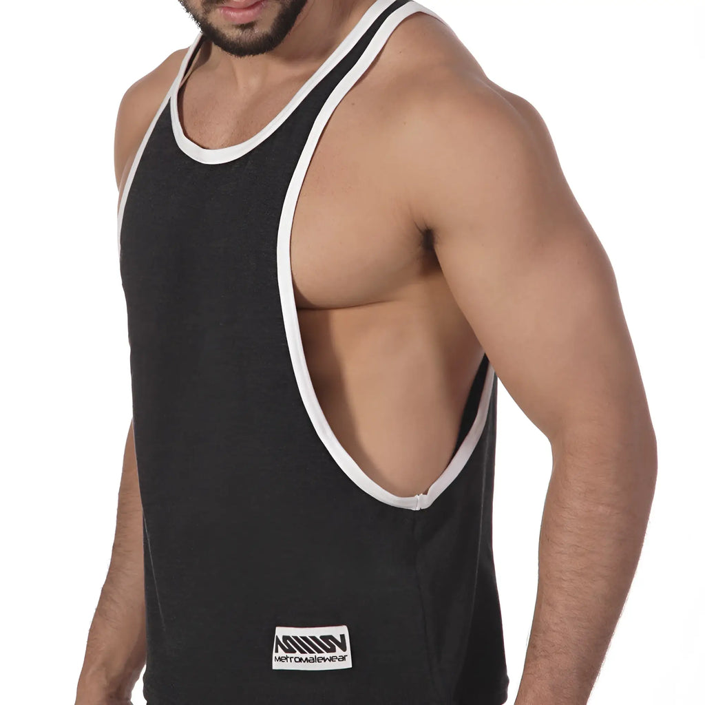 Back view of metro malewear gym tank top charcoal with white trim cutout and aquan metrogalwear label