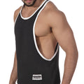 Back view of metro malewear gym tank top charcoal with white trim cutout and aquan metrogalwear label