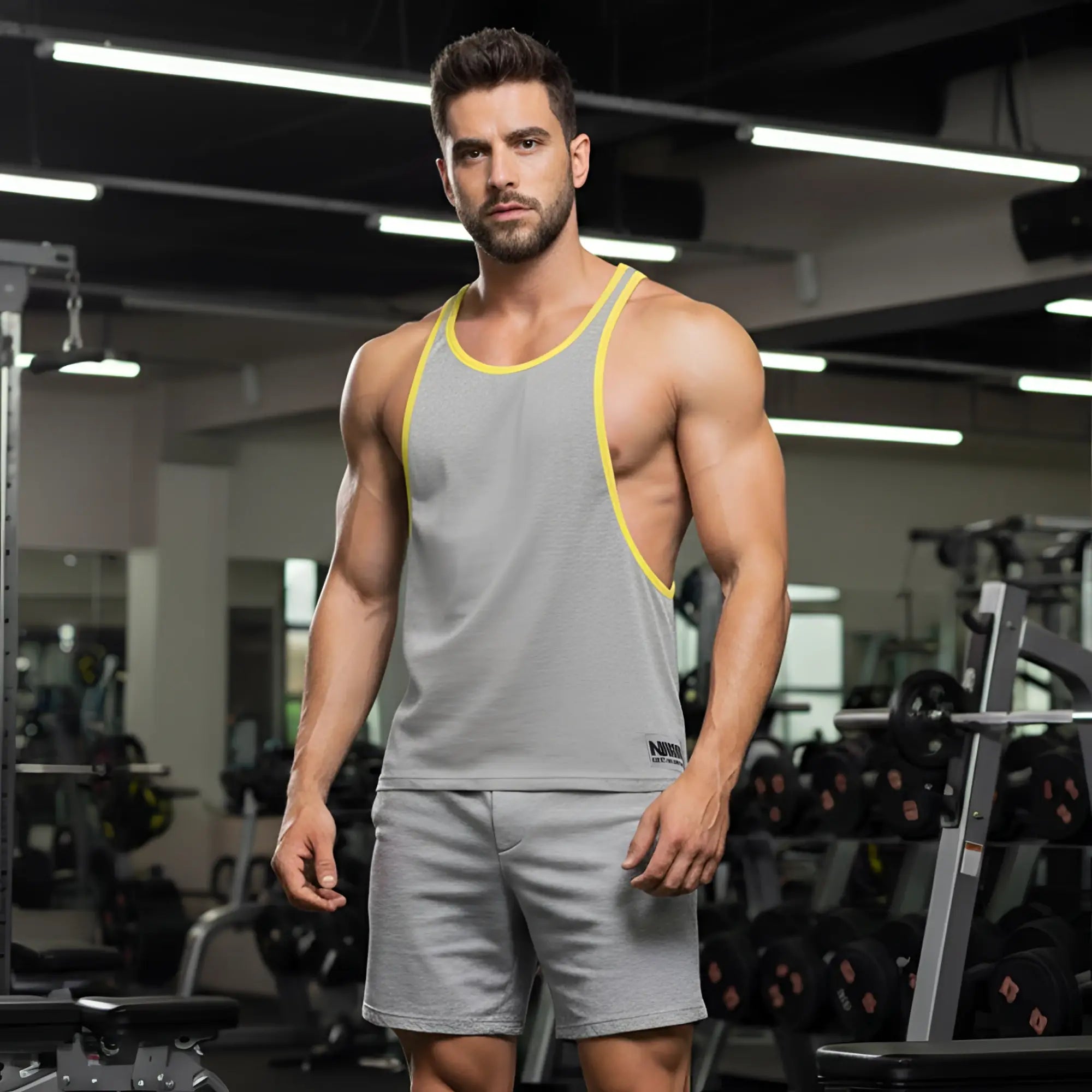 MetroMaleWear gym tank top grey 3128-10 athletic gray tank with yellow trim and black logo on lower left side