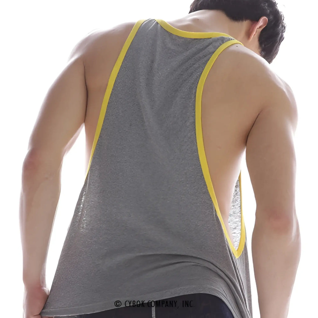 MetroMaleWear gym tank top grey 3128-10 with yellow trim and cutout back shown from the back side