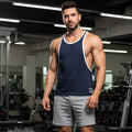 Navy metroMalewear gym tank top with white trim and small brand logo on lower left side for athletic use