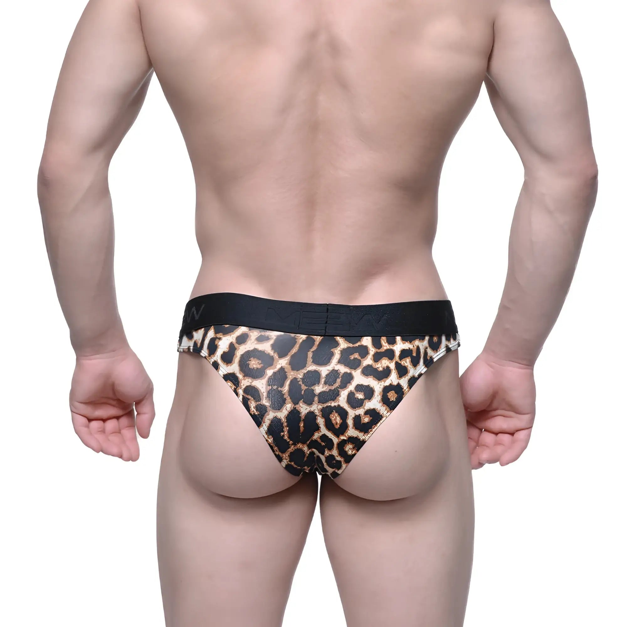 Metro male wear half back bikini leopard 6203-60 showing leopard print men’s briefs with black elastic waistband