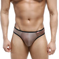 MetroMaleWear half-bikini thong gold 7002-21 sheer taupe mesh brief with black trim and small red brand tag