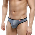 Metro malewear half bikini thong gray metallic textured briefs with black trim and red logo on waistband