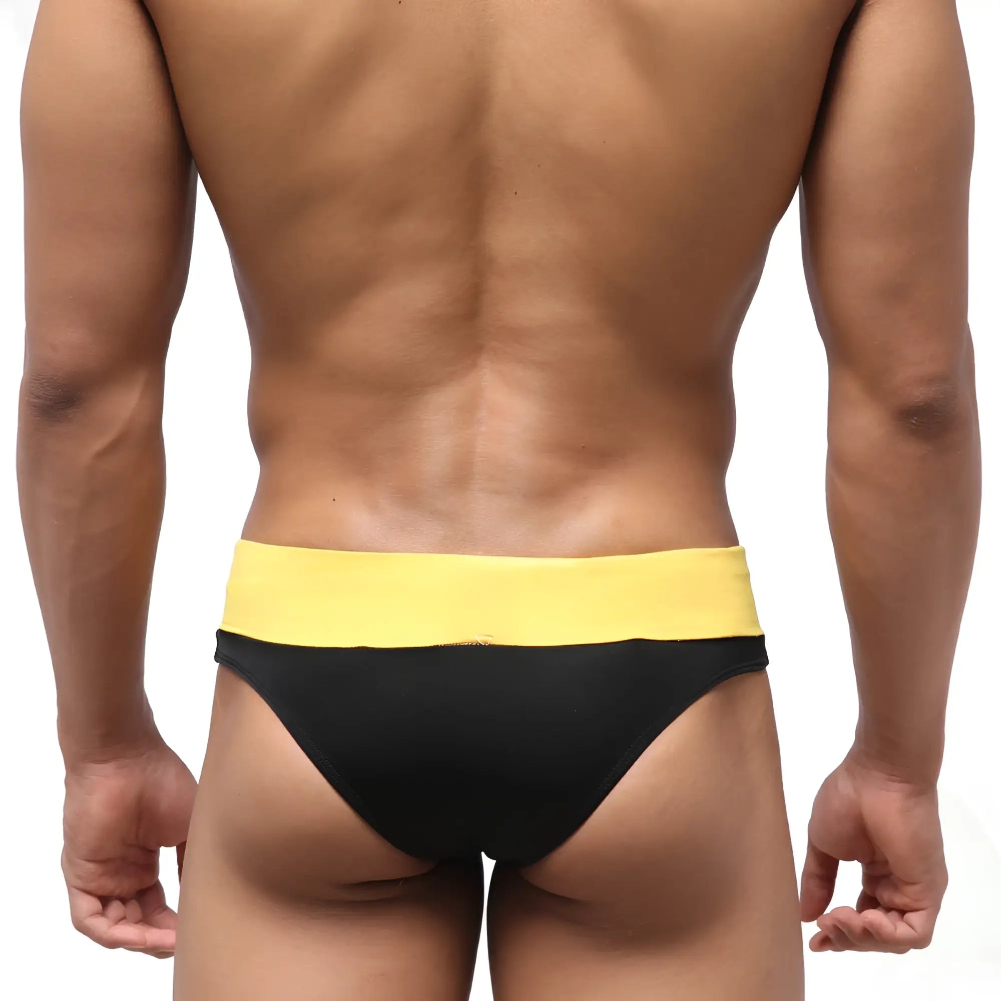 Metro male wear halfback swim bikini black 4915-20 black and yellow swim trunks with wide elastic waistband back view