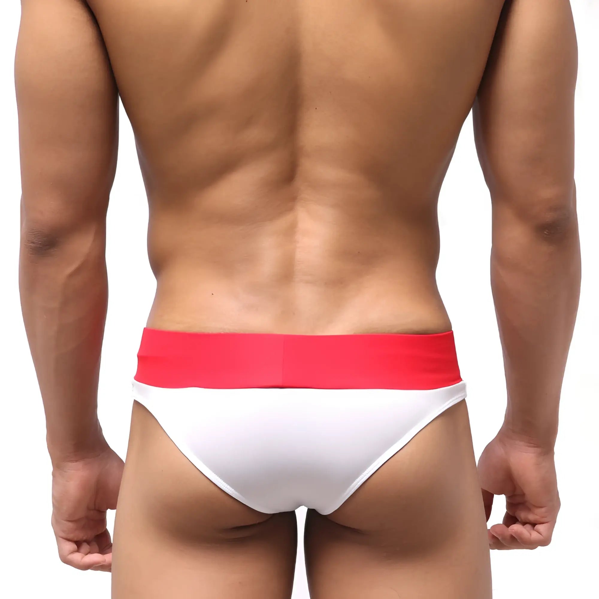 White swim trunks with a vibrant red waistband from metromalewear halfback swim bikini 4915-00 shown from the back