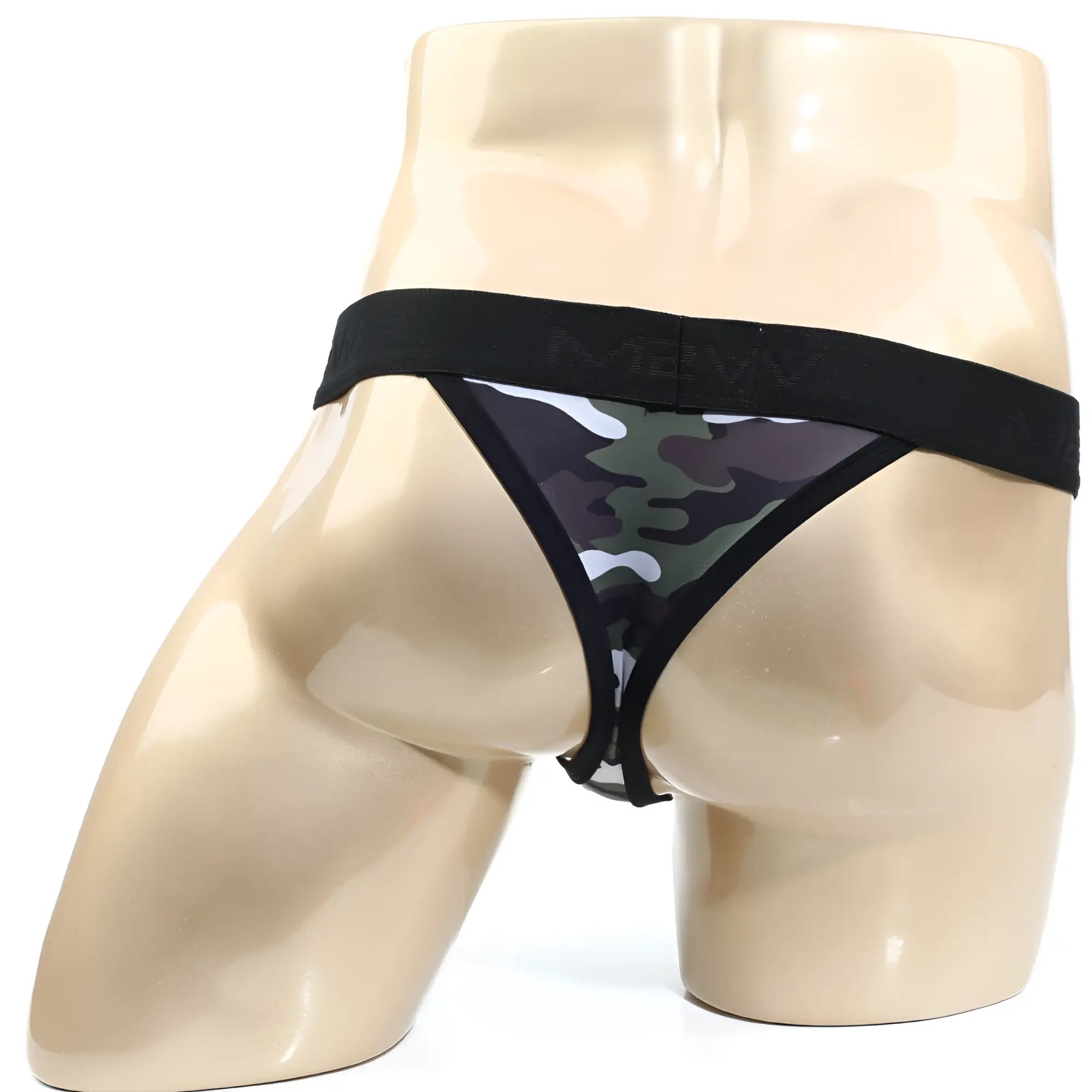 MetroMaleWear hard core thong 2912-60 in black and green camouflage with black elastic waistband shown from front