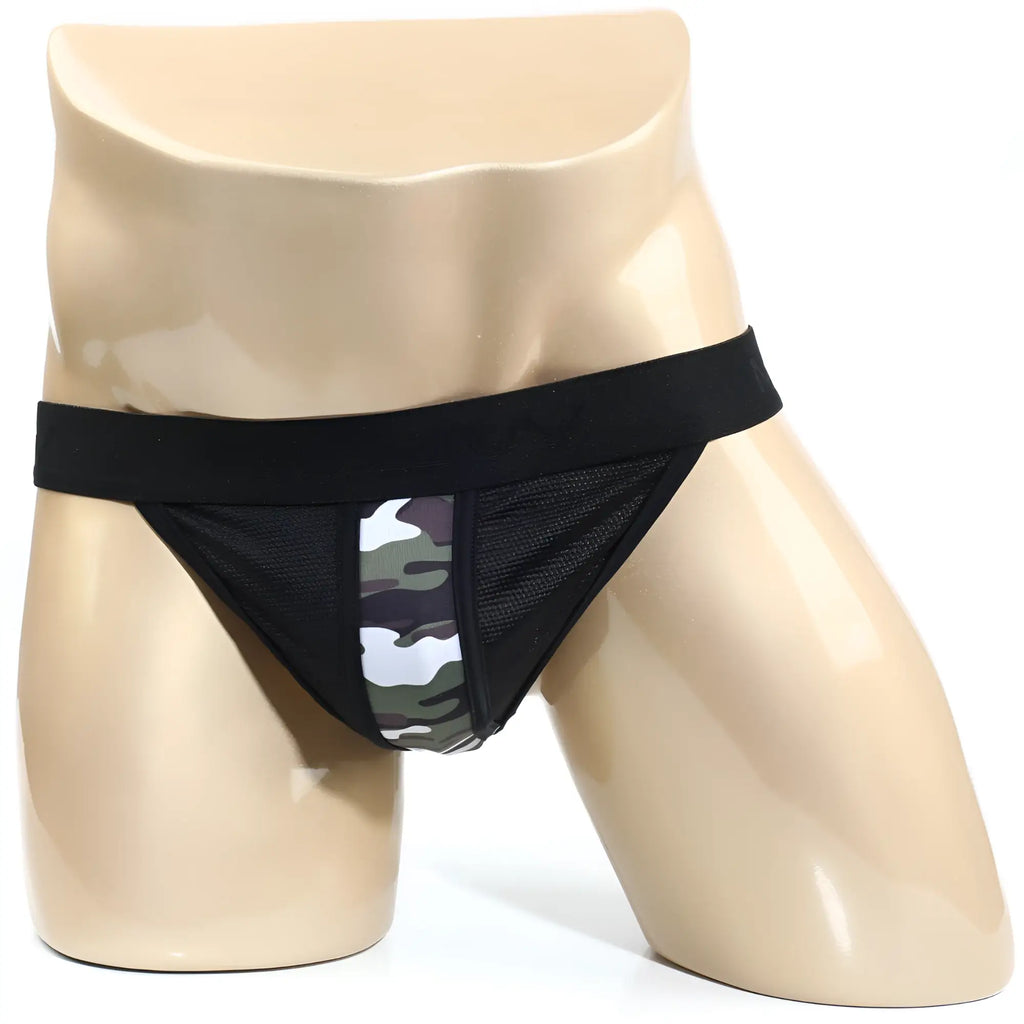 MetroMaleWear Hard Core Thong 2912-60 black mesh briefs with camouflage front panel for edgy underwear style