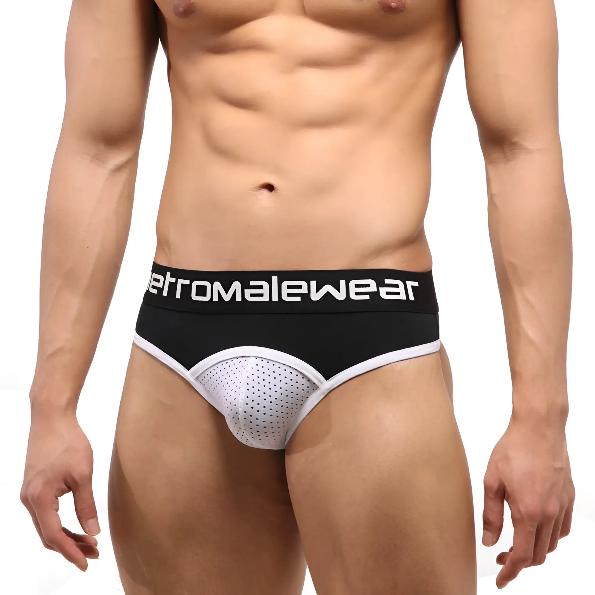 Black and white metro malewear athletic briefs with perforated mesh front panel and branded waistband