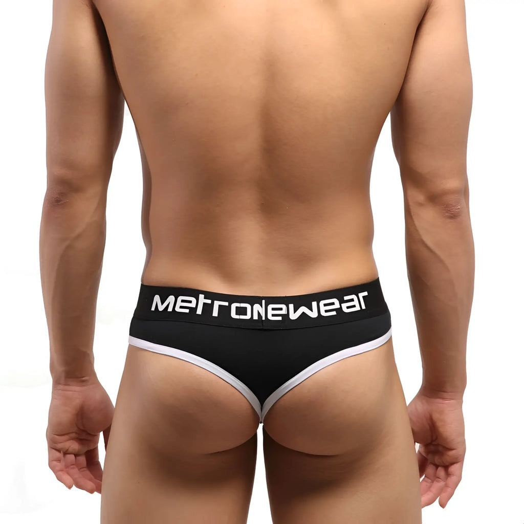 Black metronewear briefs with white trim and branding featuring front view in metro malewear hat thong white 3302-20