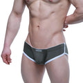 Dark green form-fitting mens briefs with white trim and subtle logo on waistband metro male wear havana short boxer