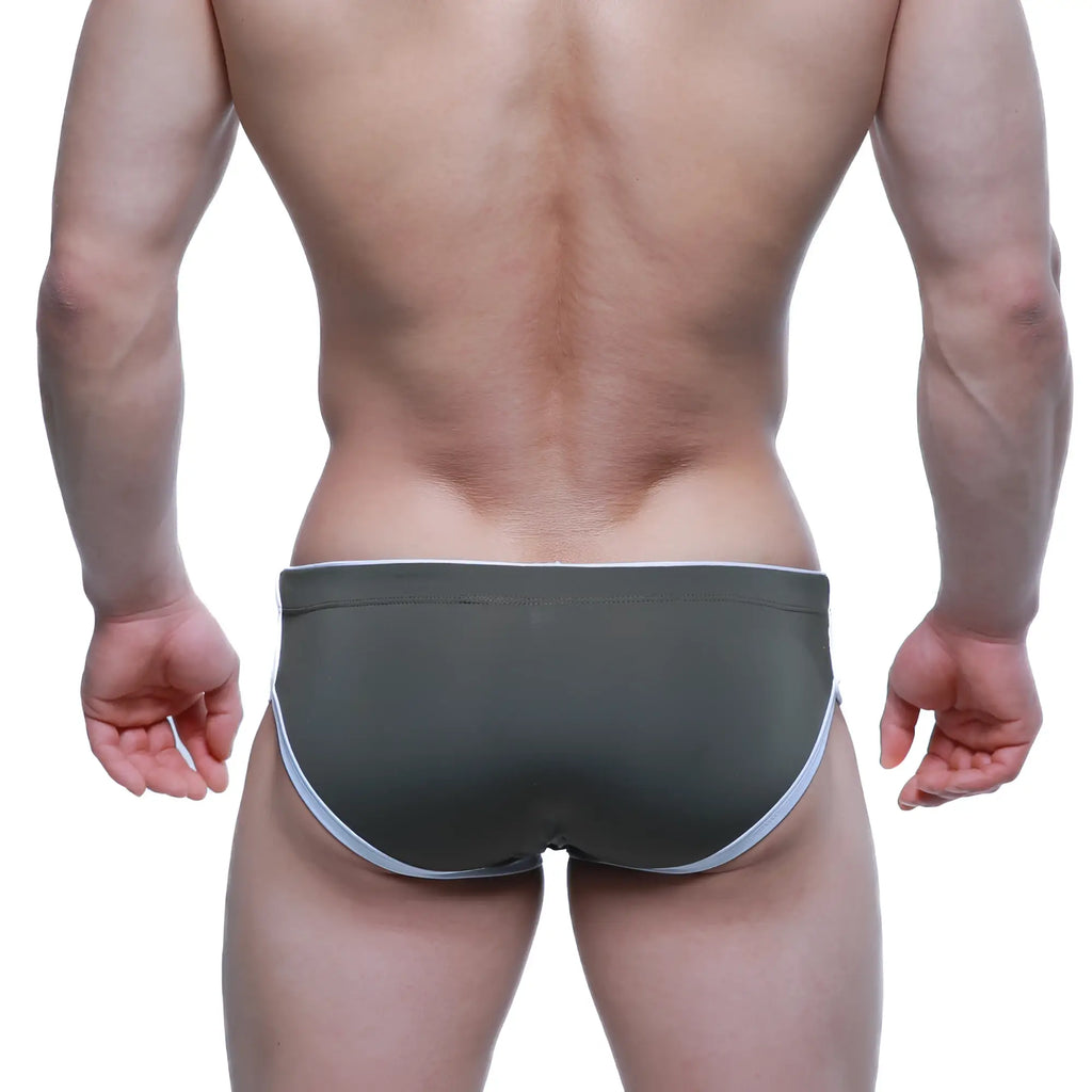 MetroMaleWear Havana short boxer swim trunks in dark olive green with white trim on waistband and leg openings