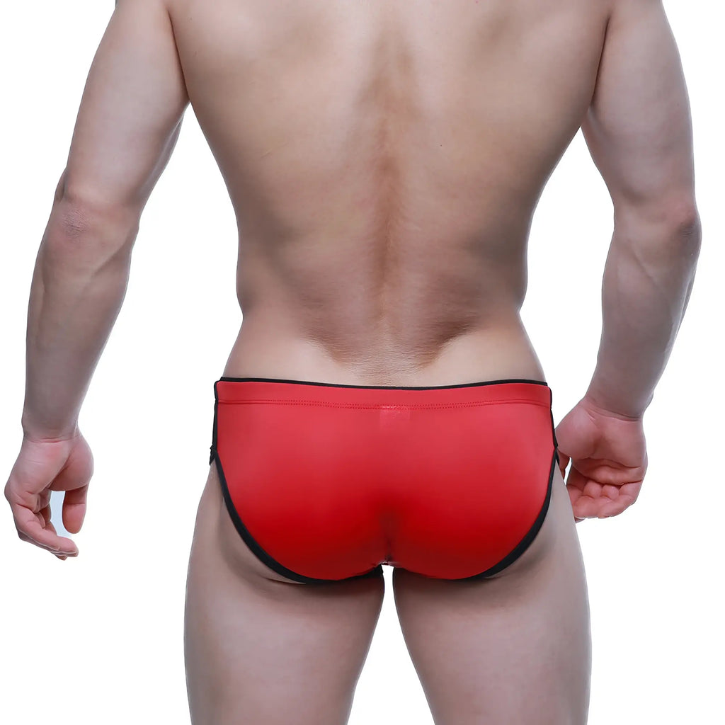 MetroMaleWear Havana Short Boxer red swim trunks with black trim designed for comfortable active wear