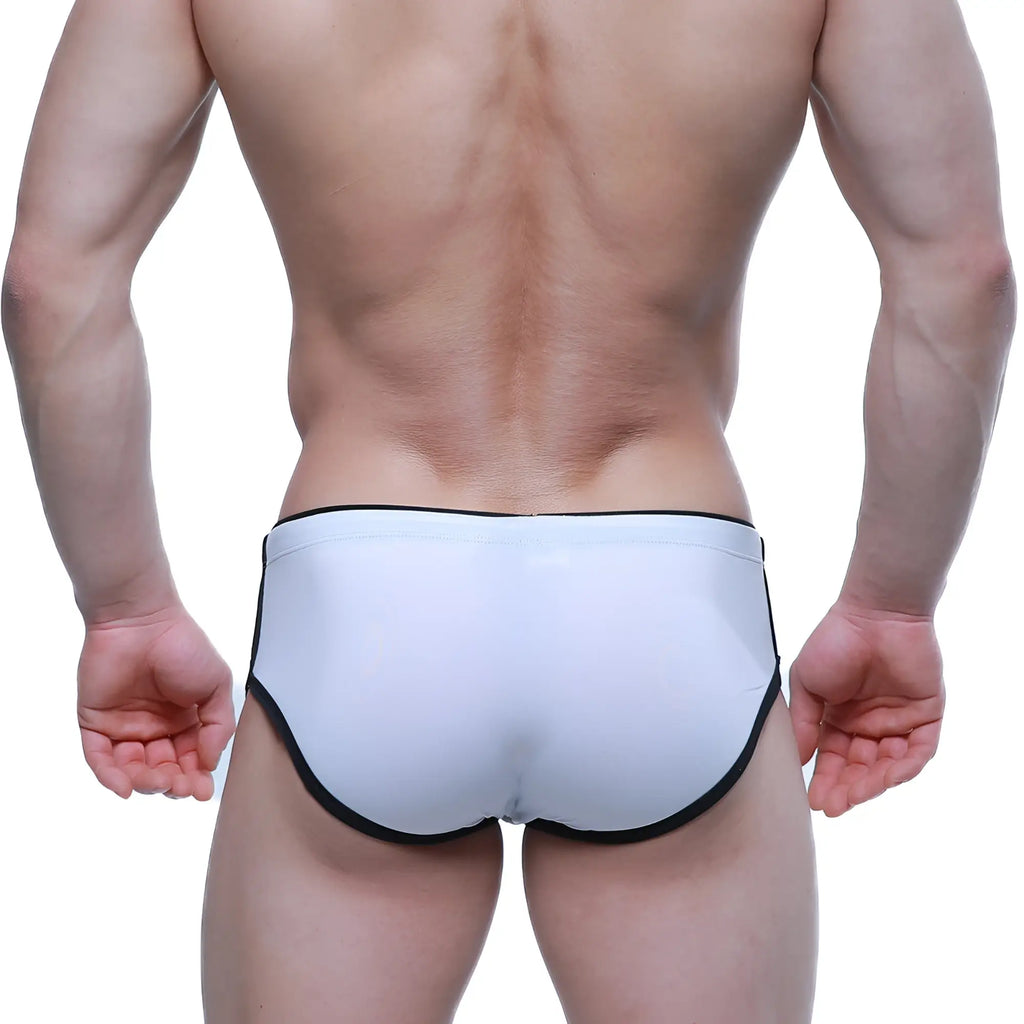 MetroMaleWear Havana short boxer white swim trunks with black trim designed for comfortable beach wear