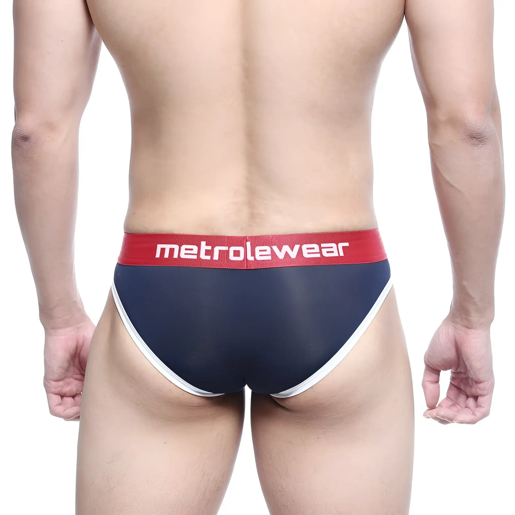 Navy blue and white men’s briefs with a red waistband featuring metrowear logo metro male wear hawk brief 2803-28