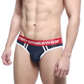 Navy blue and white striped men’s briefs with red metromalewear logo waistband metro malewear hawk brief 2803-28
