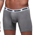 Gray heathered MetroMaleWear Heather Mid boxer briefs with white elastic waistband and black repeating logo text