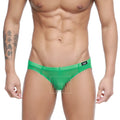 Green mesh briefs with black logo waistband from metromalewear hierba bikini 5103-m17 product front view