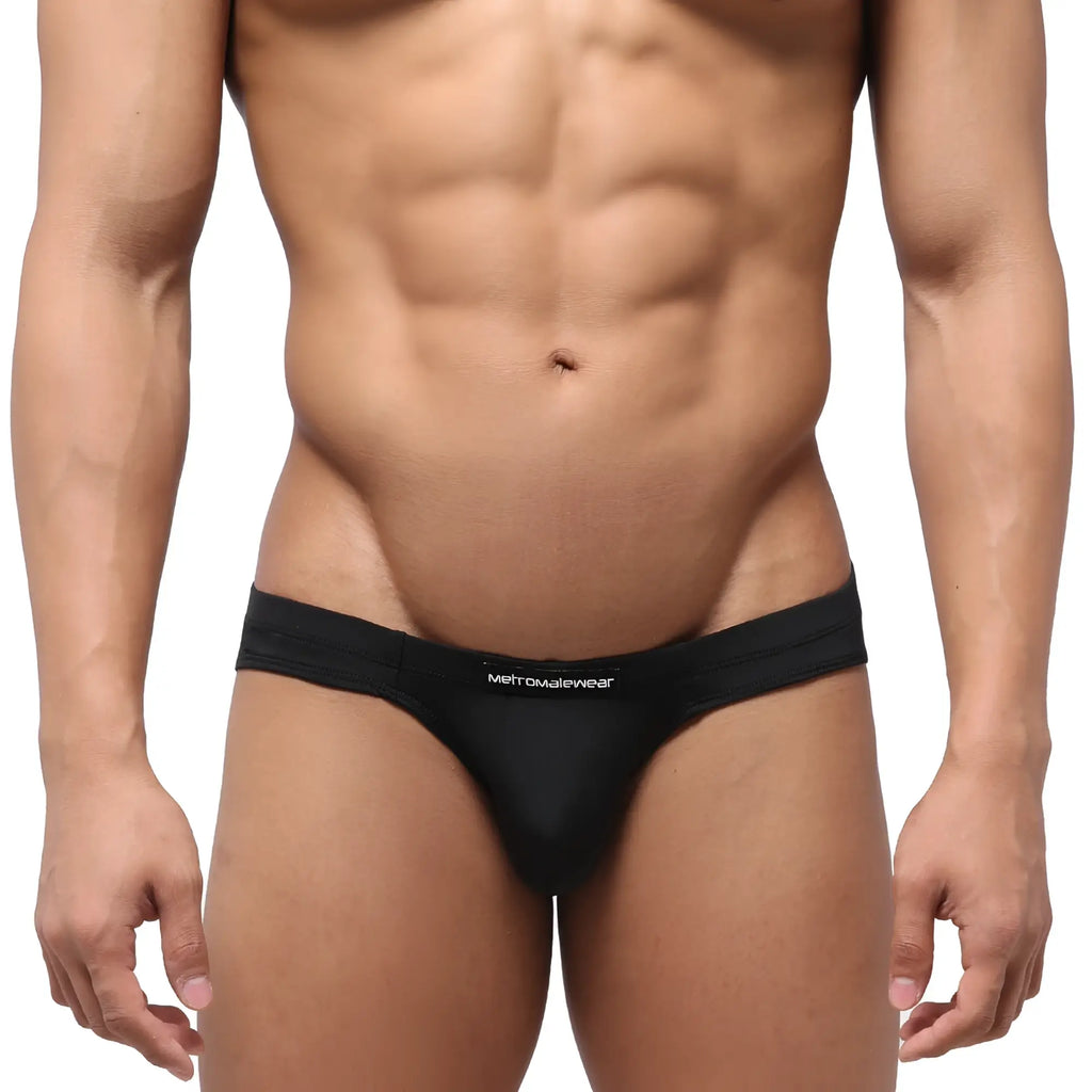Black mens briefs with a snug form-fitting design and metromalewear logo embroidered on the waistband
