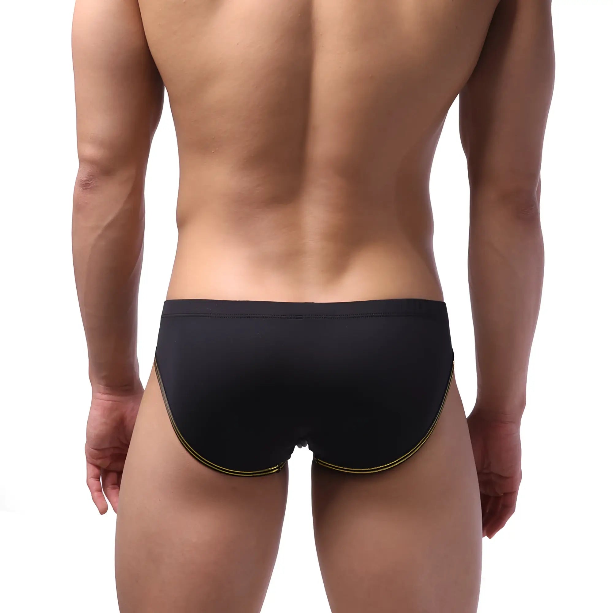 MetroMaleWear Highcut hip brief black swim trunks with gold trim along leg openings ideal for beachwear