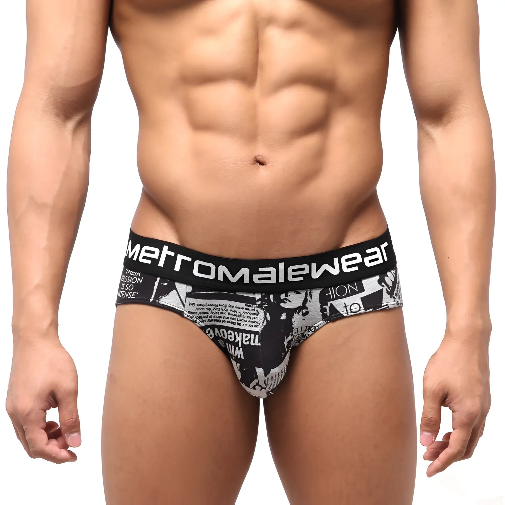 Black and white highcut hip brief with newspaper print and metromalewear waistband for stylish comfort
