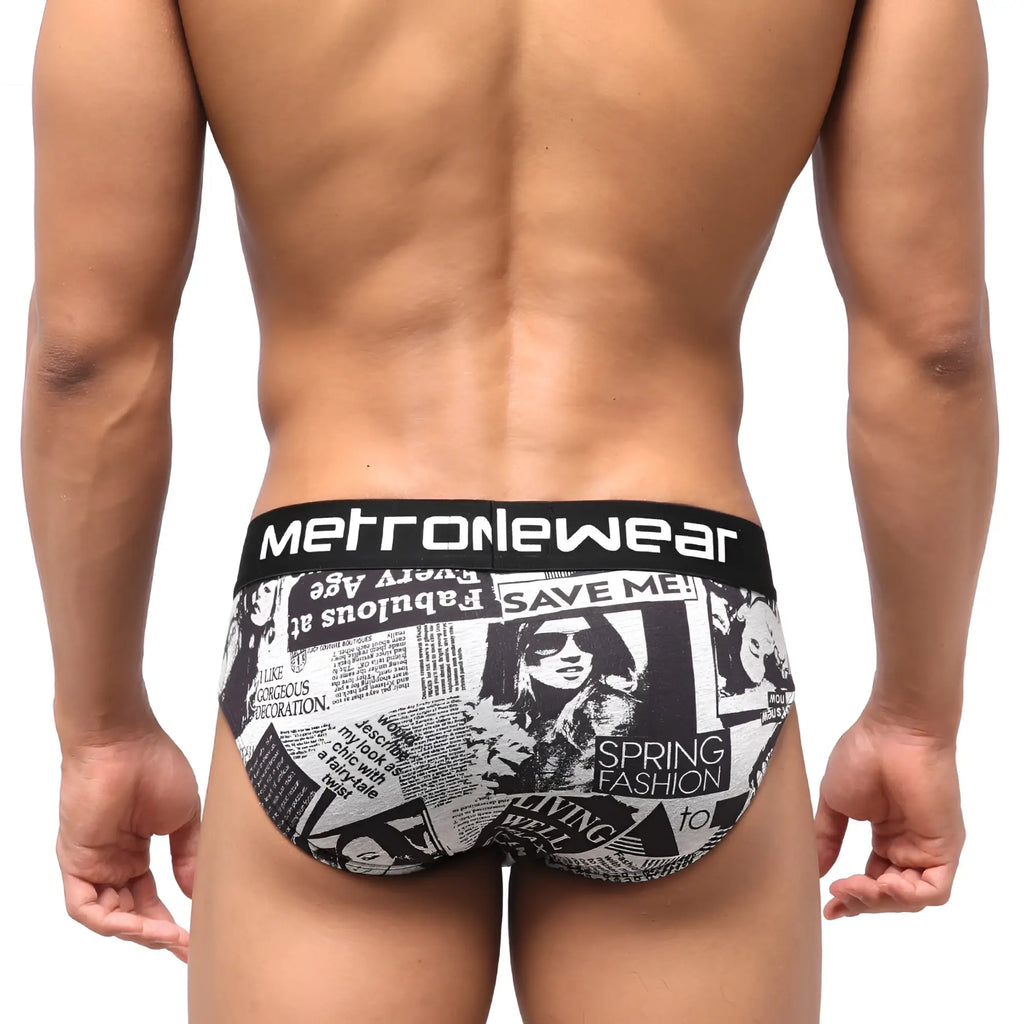 Black and white newspaper-themed briefs with a bold metronewear waistband highcut hip brief 5103-60