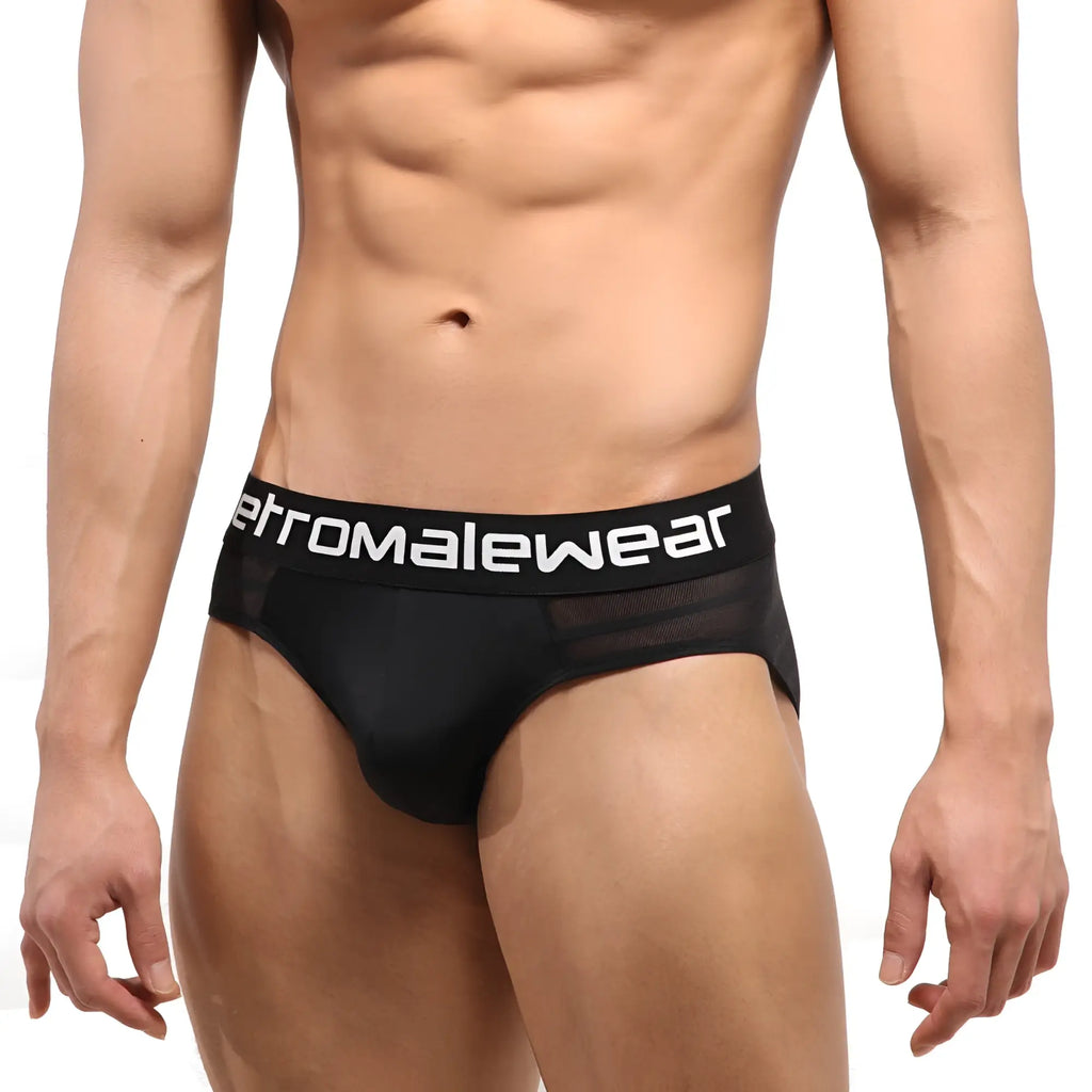 Black mens highcut hip briefs with mesh stripe and etromalewear logo on waistband for breathable comfort