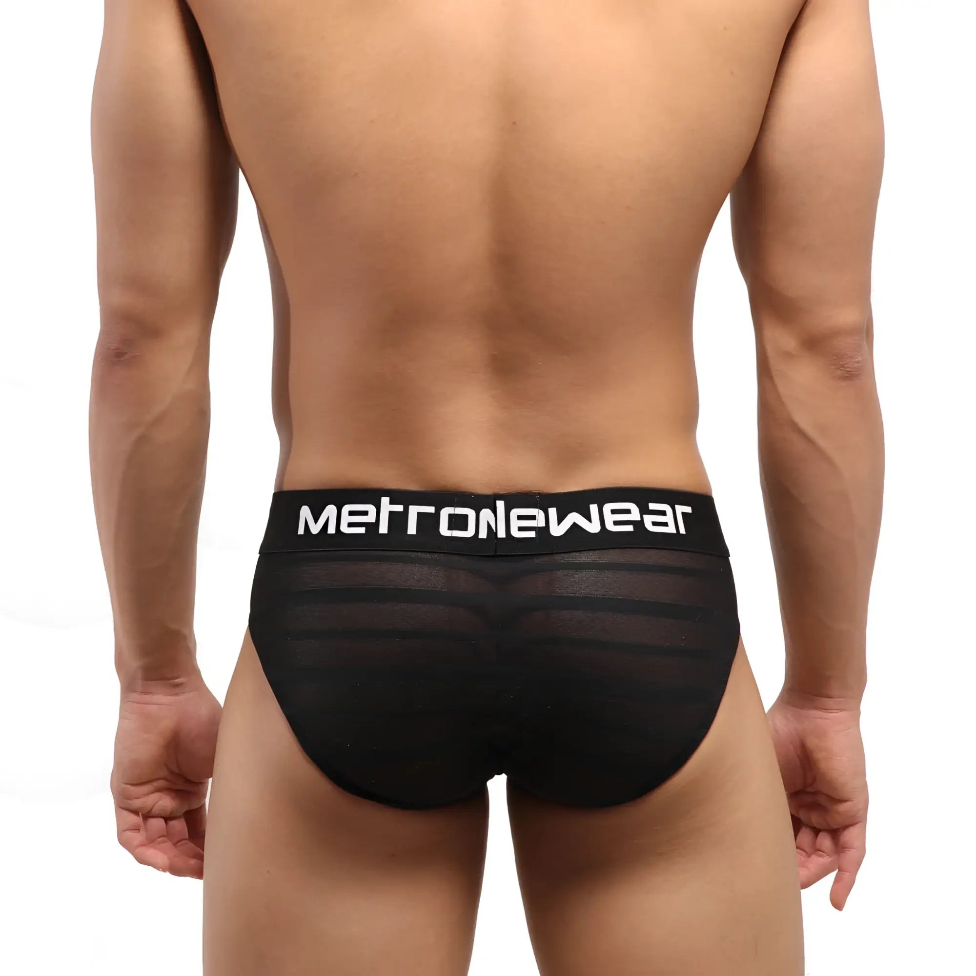 Black mesh highcut hip briefs with white metronewear logo on waistband by MetroMaleWear model 5103-41