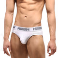 White mens briefs with gray elastic waistband featuring million logo metro male wear highcut hip brief mesh stripe